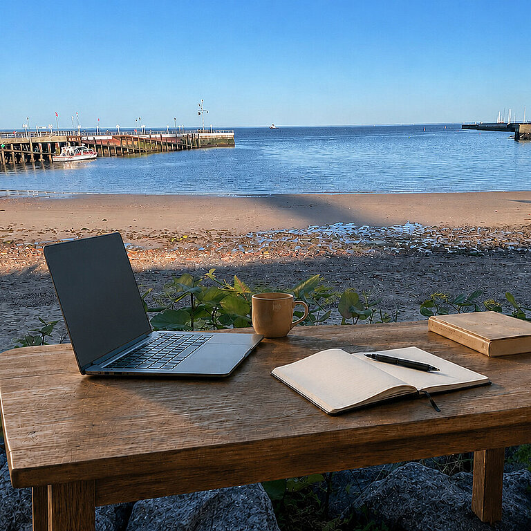 Foto von einem Schreibtisch mit Laptop, Kaffeebecher, Notizbuch am Südstrand von Helgoland (KI-Visualisierung)